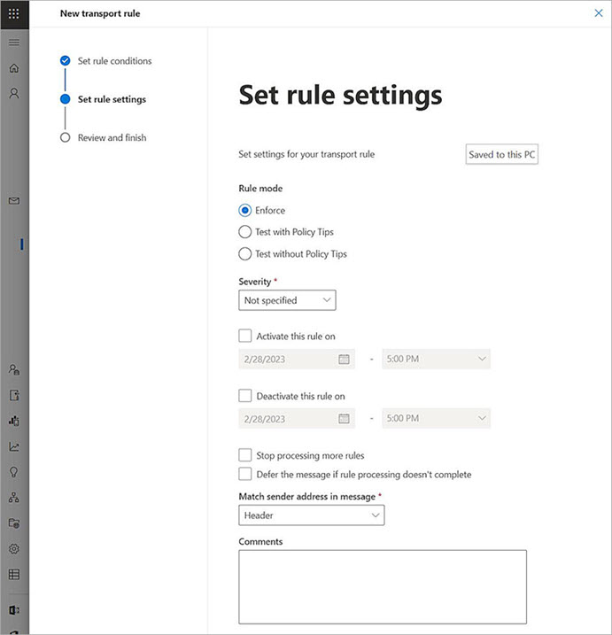 Screenshot of the Microsoft 365 configuration Set rule settings page